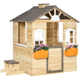 Outsunny Kids Outdoor Wooden Playhouse, Garden Adventure Cottage, Door, Service Station, Flower Pot Holder