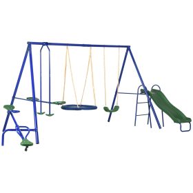 Outsunny 5-in-1 Swing Set With Glider, Heavy Frame Outdoor Playset for Kids, with Saucer Swing, Slide, Seesaw, Glider, Swing Seat, Blue