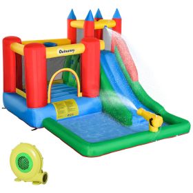 Outsunny Kids Inflatable Water Slide 6 in 1 Water Park Bounce House with Climbing Wall Pool Basket Air Blower for Summer