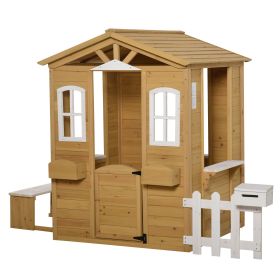 Outsunny Kids Playhouse, Outdoor Wooden Cottage, Door, Windows, Mailbox, Natural/White, Ages 3-6