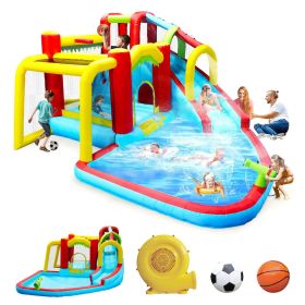 7 in1 Inflatable slide water park bouncing house outdoor Soccer garden bouncer with Splash pool & Water gun & Climbing wall & Basketball & Footba