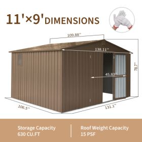 Storage Shed 11x 9 With Galvanized Steel Frame  Windows, Outdoor Garden Shed Metal Utility Tool Storage Room With Lockable Door For Patio  Dark Gray (Color: Brown)