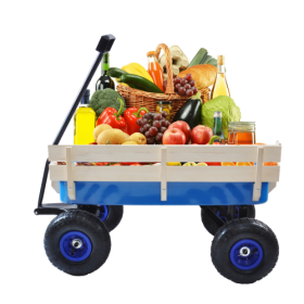 Outdoor Wagon All Terrain Pulling Wood Railing Air Tires Garden Cart (Color: Blue)